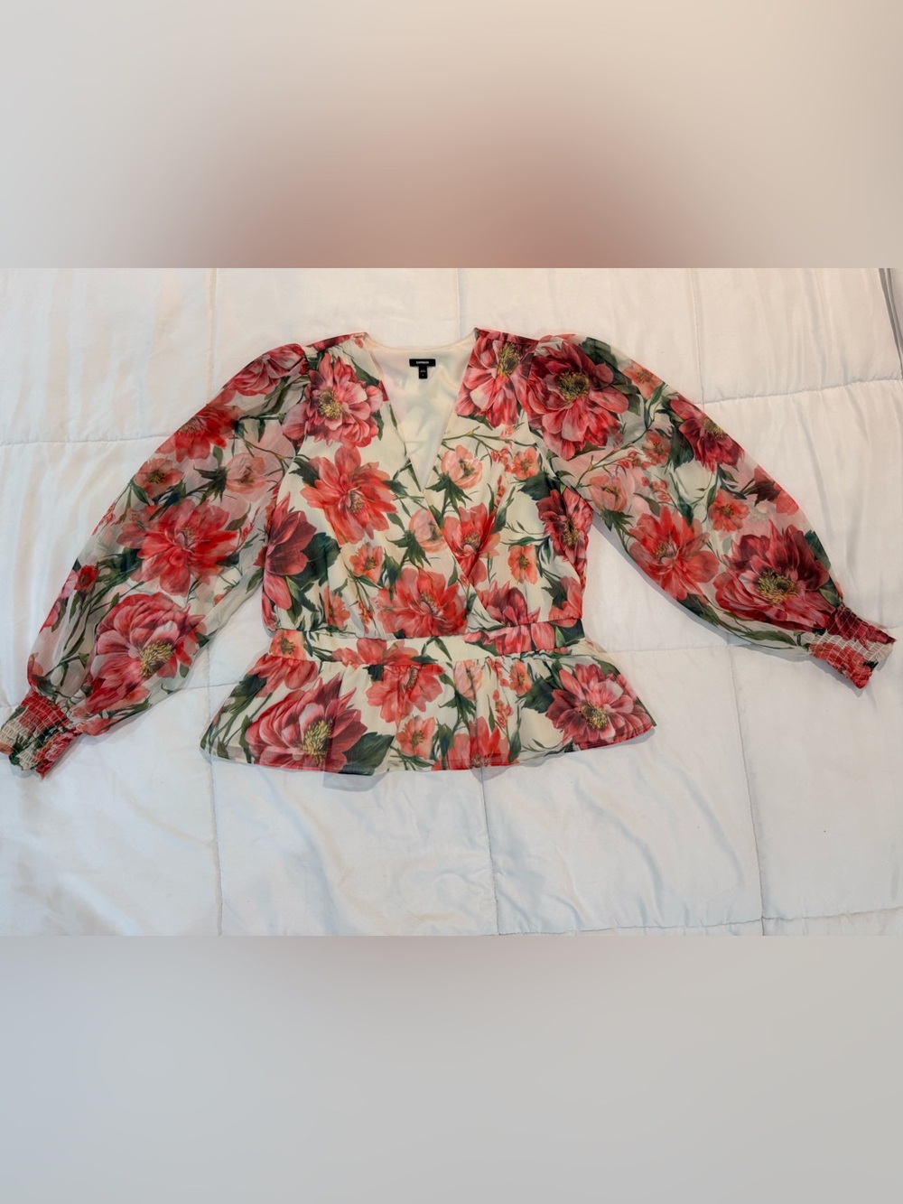 Express Floral Wrap Peplum Blouse in Coral, Green and Cream